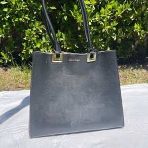 Calvin Klein Black Tote Bag Leather Tan Interior Gold Accent